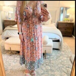 World Market Exclusive Mira Palomar Terracotta And Blue Floral Kaftan Dress L/XL